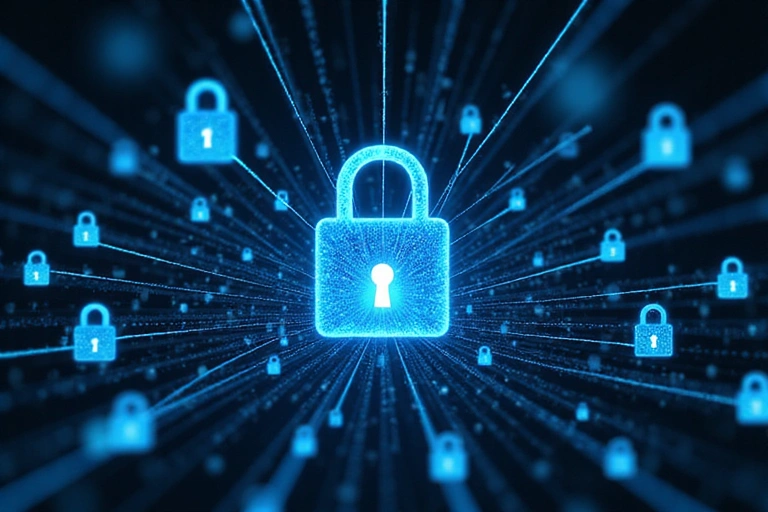 Εικόνα που απεικονίζει ασφαλή δεδομένα και ιδιωτικότητα, με κλειδαριές και ψηφιακά στοιχεία